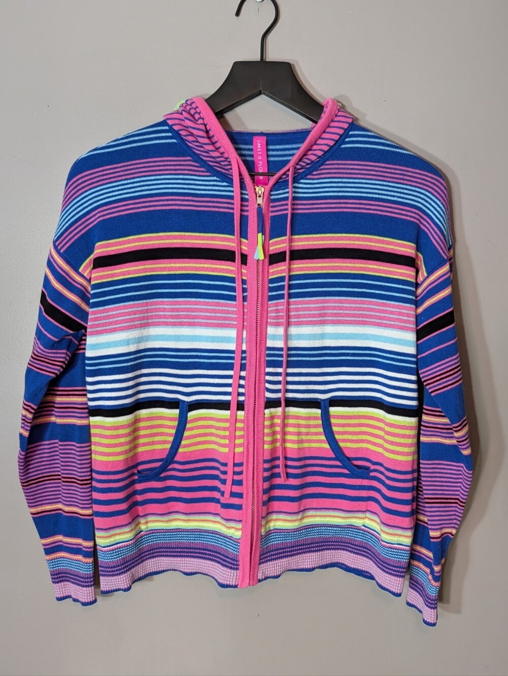 Colorful Striped Zip-Up Hoodie Jacket - Pink & Blue